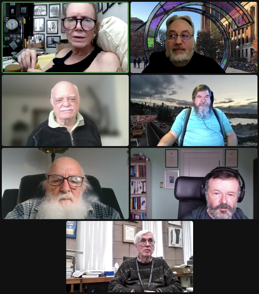 Zoom participants, left to right and top to bottom: