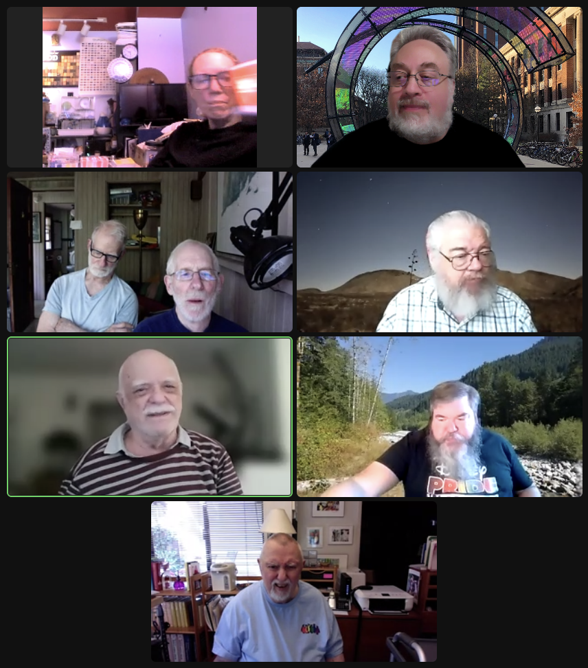 Zoom participants, left to right and top to bottom: Max Vasilatos, Josh Simon, John Gintell,Robert Coren, Joel Levin,Ken Rudolph, Mike McManus, and Arnold Zwicky